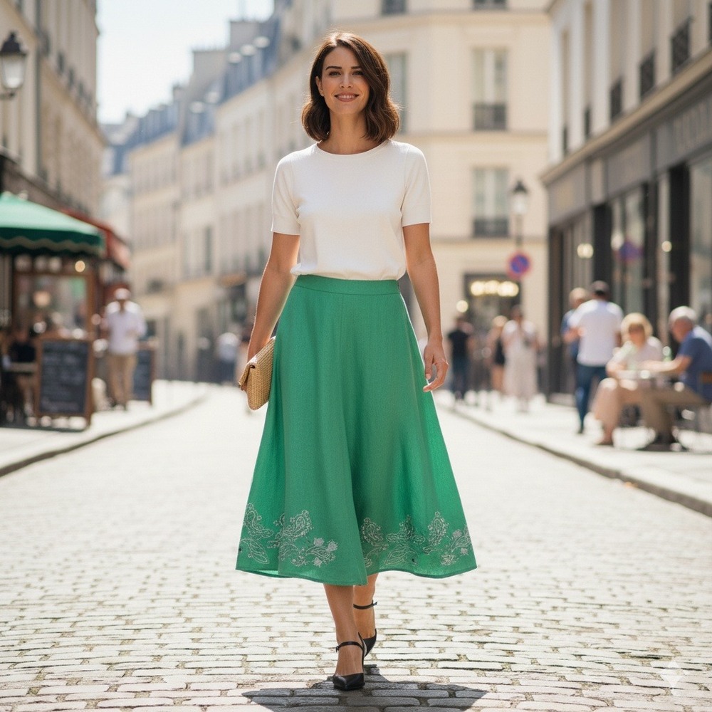 Apostrophe Green Embroidered Midi Skirt‎ Linen Rayon Blend Women's Size 2